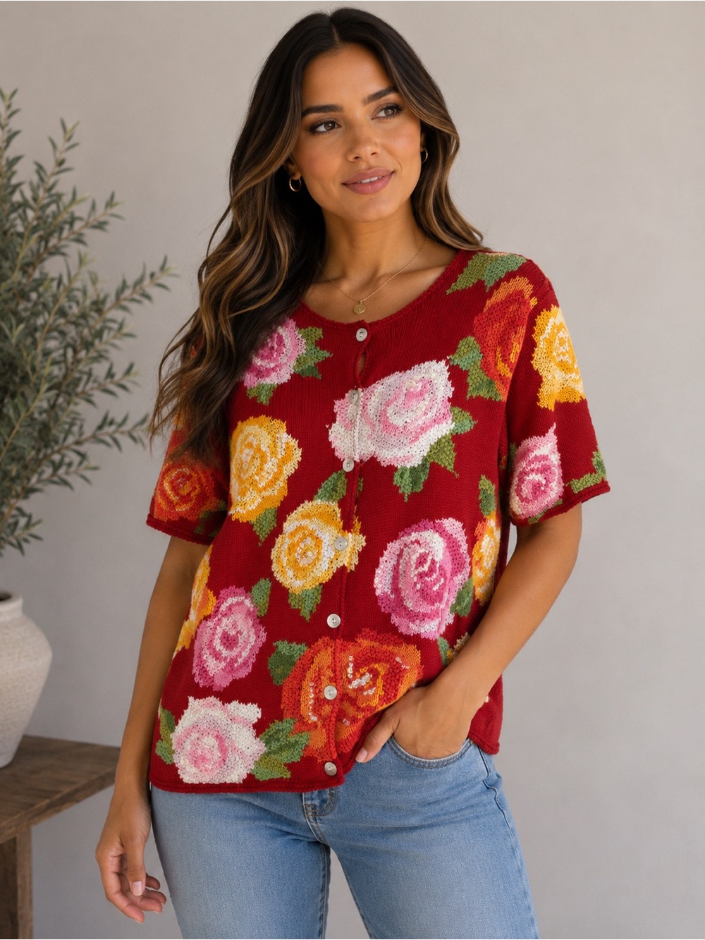 Hand Knit Floral Cardigan Sweater Red Beaded Short Sleeve‎ Size M Granny Chick